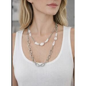 White House Black Market Silver Pearl Long Necklace NWT